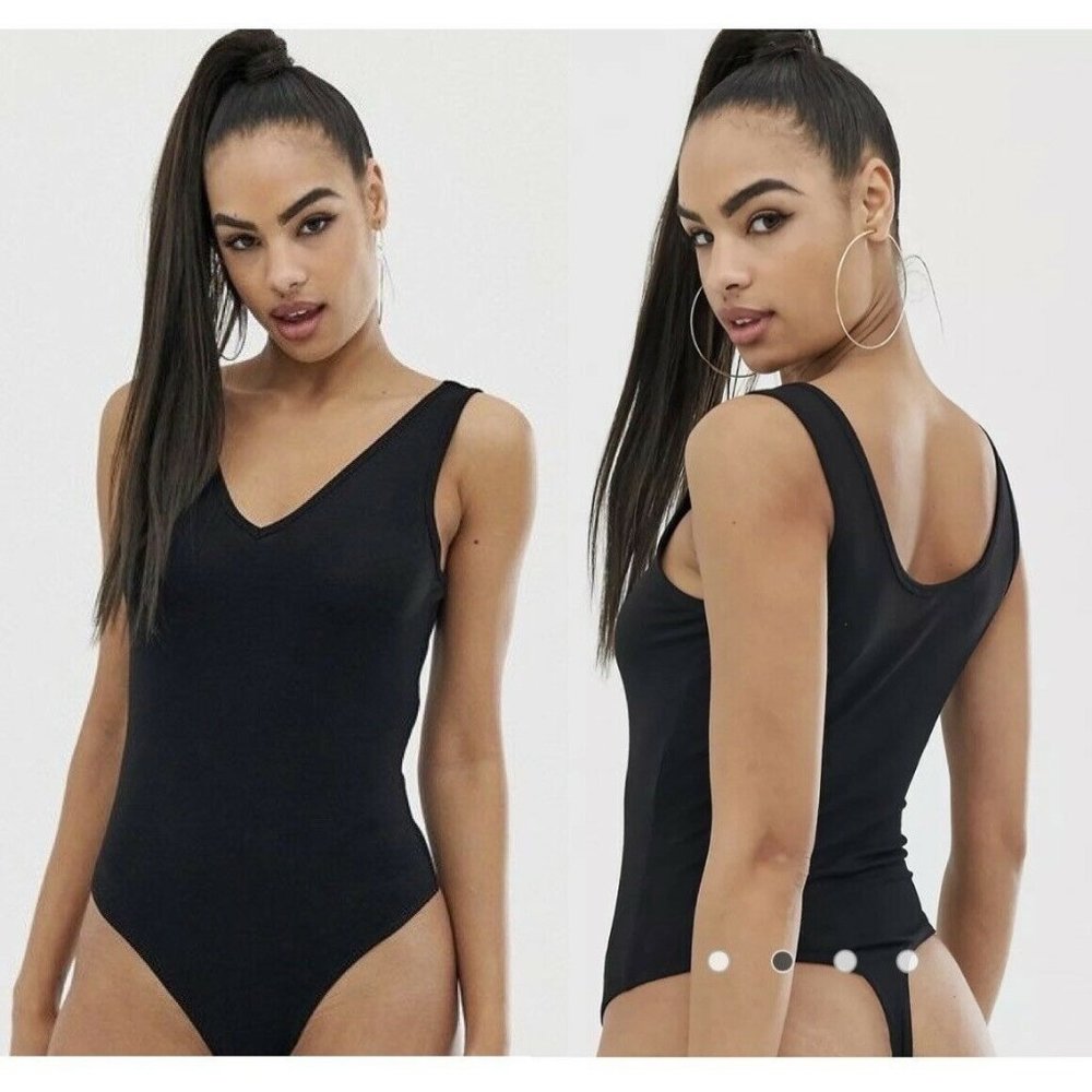 Asos VNeck Tank Bodysuit Women Size Small Black Jersey Fabric Snap Closure Thong